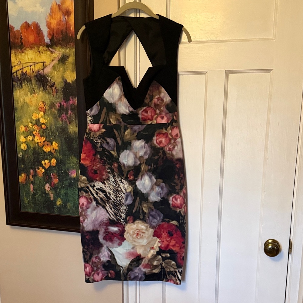 Black Halo Black and Multicolor Floral Backless Dress